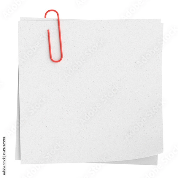 Fototapeta Note paper with paper clip. 3D illustration.
