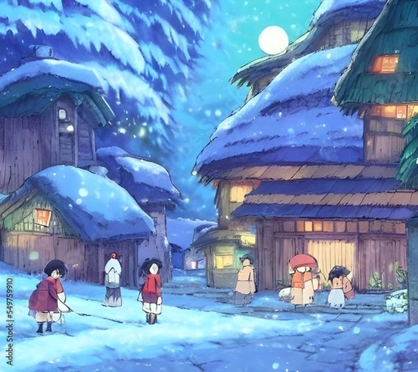 Obraz The snow is falling gently on the quaint little village, covering it in a blanket of white. The houses are all lit up and there's smoke coming from the chimneys. The church bells are ringing and peopl