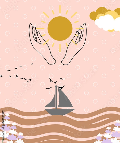 Fototapeta sailing boat on the sea with a beautiful sunrise in the light pinkish background for meditation