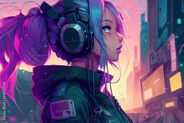 Obraz anime listen to music and vibe in city