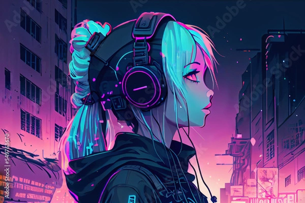 Fototapeta anime listen to music and vibe in city