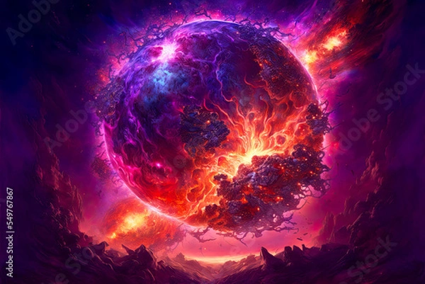 Fototapeta planet in fire, exploding planet in space, fictional planet exploding, purple red planet explosion, digital, illustration