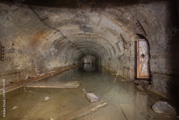 Fototapeta Old iron ore mine underground tunnel flooded with water and timbering