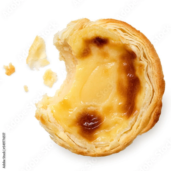 Obraz Partially eaten portuguese custard egg tart with crumbs isolated on white from above.