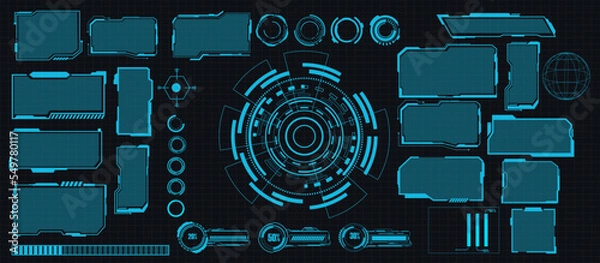 Obraz digital interface HUD elements  set pack. User Interface, frame screens. Callouts titles, FUI circle set, Loading bars. Dashboard reality technology screen. Vector