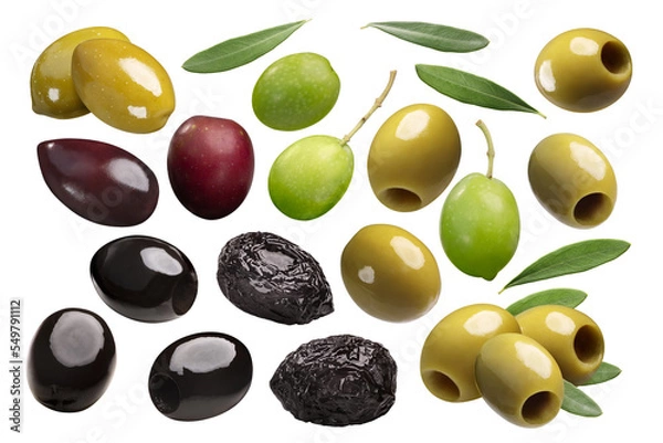 Obraz Black, green, pickled, whole and pitted, cured or sundried olives with leaves isolated png