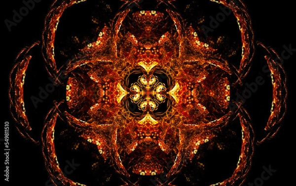 Fototapeta abstract illustration of a computer generated fantastic flower of various shapes and shades on a black background for use in symbology, signs for digital design and graphics