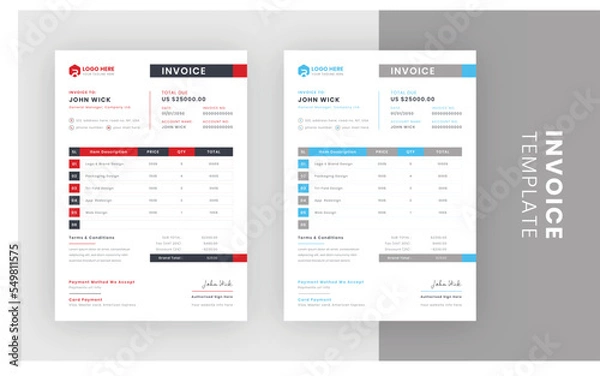 Fototapeta Business invoice form template. Clean Invoice template design, or price invoices and
payment agreement design templates. Tax form, money bills form graphic or payment 
receipt page vector set