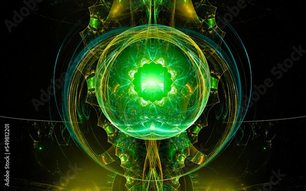 Fototapeta abstract illustration of a computer generated fantastic emblem in various shapes and shades on a black background for use in symbology, signs for digital design and graphics