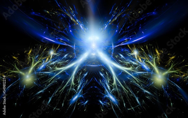 Fototapeta abstract illustration of a computer generated fantastic neurons of various shapes and shades on a black background for use in symbology, signs for digital design and graphics