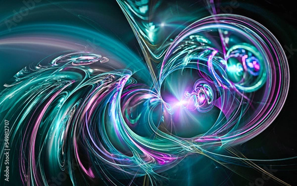 Obraz abstract computer illustrations of fantastic energy waves of various shapes and shades on a black background for use in symbols, signs for digital design and graphics