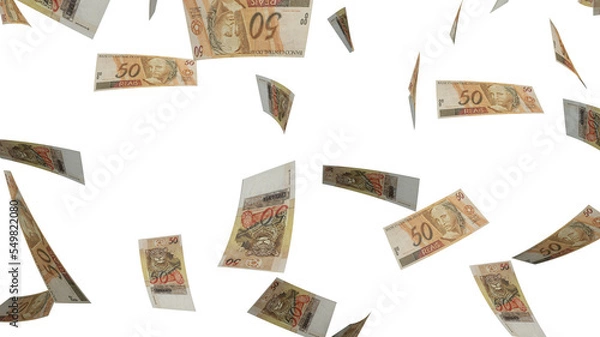 Obraz Several banknotes of money flying  on a transparente background. 50 reais. Money from Brazil. 3d rendering.