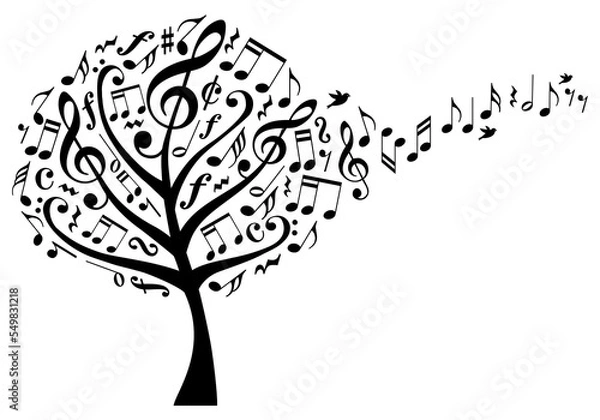 Fototapeta Music tree with flying musical notes, illustration over a transparent background, PNG image