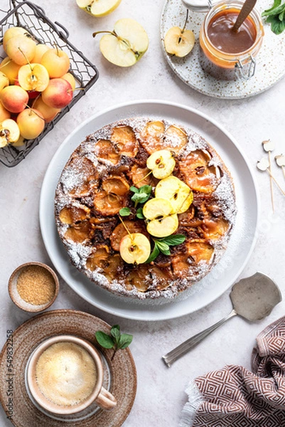 Fototapeta French sweet tarte tatin apple pie upside down and fresh red apple. Vertical