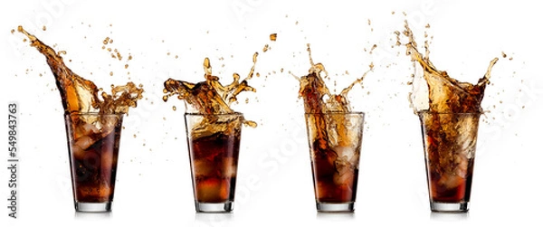 Obraz Four cola with ice cubes glasses splash on white background