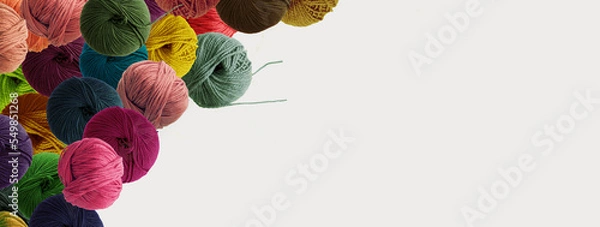 Fototapeta Balls of wool multicolored yarn for hand knitting and crochet on white background. Recomforting hobby. Mock up, flat lay, copy space, banner