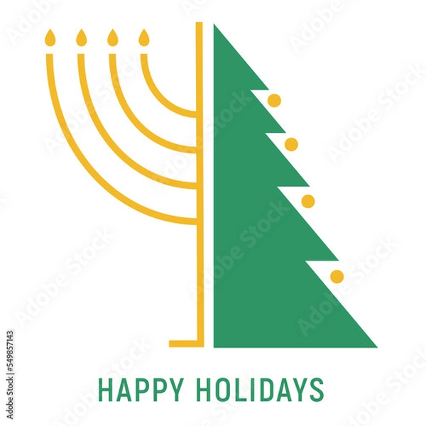 Fototapeta Happy Holidays card, Christmas tree, and Hanukkah candles, Menorah, illustration over a transparent background, PNG image