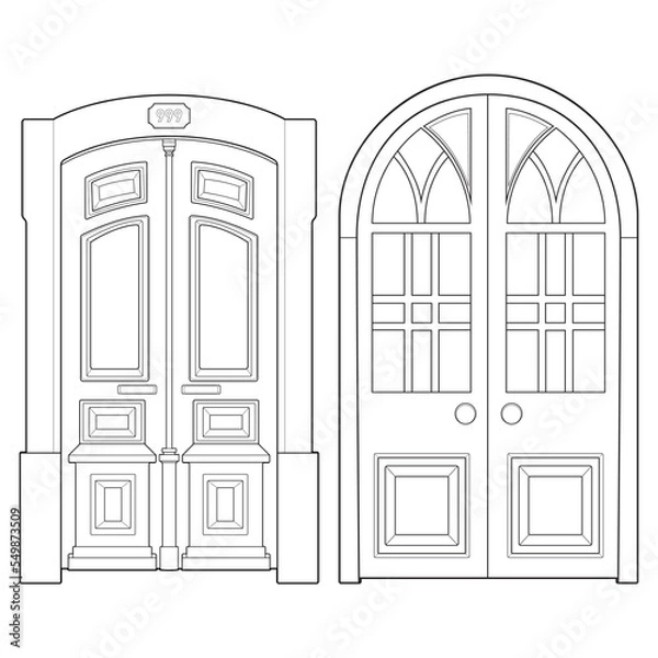 Fototapeta Set of old door  line vector art.  Old door isolated on white background. old door in line art style vector. for coloring book