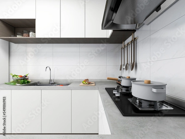 Fototapeta 3D rendering, bright kitchen design