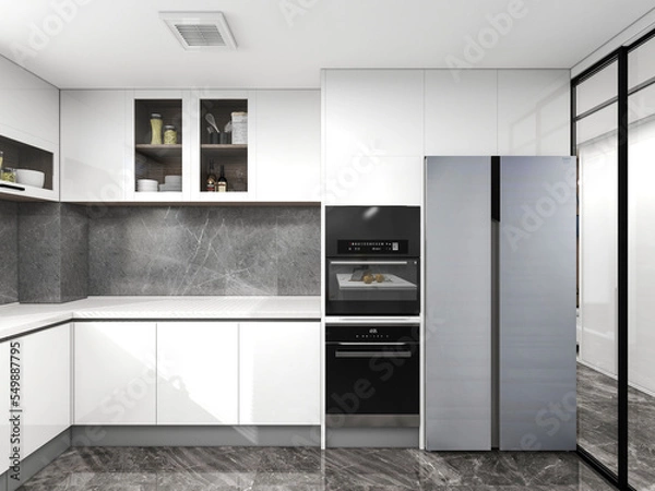 Fototapeta 3D rendering, bright kitchen design