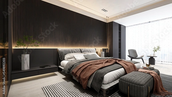 Fototapeta 3D rendering, clean and tidy Nordic style bedroom design