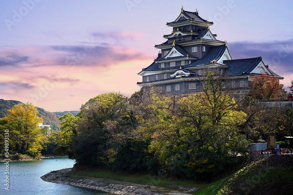 Fototapeta Okayama castle and twilight sky in the Autumn season of  Okayama city, Japan.