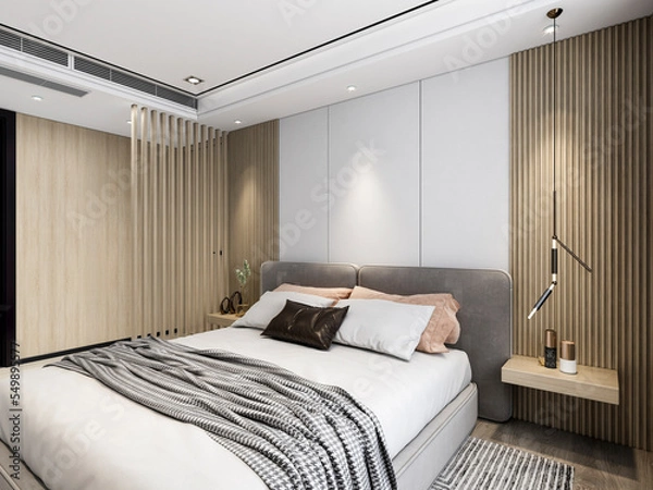 Fototapeta 3D rendering, clean and tidy Nordic style bedroom design