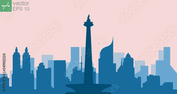 Obraz Monas silhouette and cityscape from jakarta indonesia. Panorama view of Jakarta City, NKRI skyline with world famous landmarks in flat design style vector illustration. EPS 10.