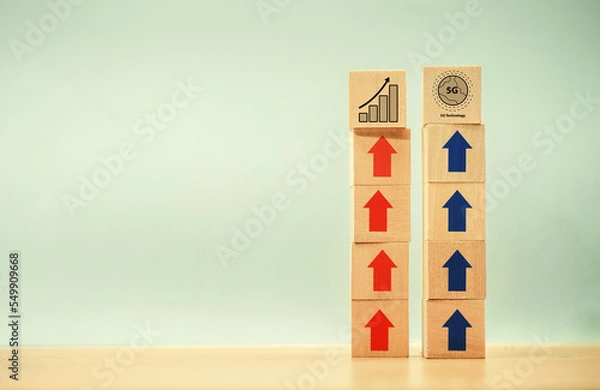 Fototapeta Network growth concept, 5G signal, arrow icon on wooden cubes.