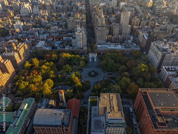 Obraz Aerial view of Washington Square Park, New York city in autumn, Lower Manhattan, morning light