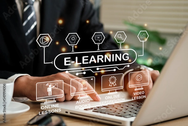 Obraz e-learning education concept, learning online with webinar, video tutorial, internet lessons.