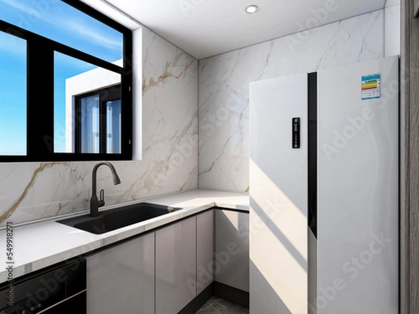 Obraz 3D rendering, bright kitchen design