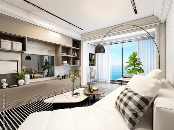 Fototapeta 3D rendering, wooden Nordic style living room design