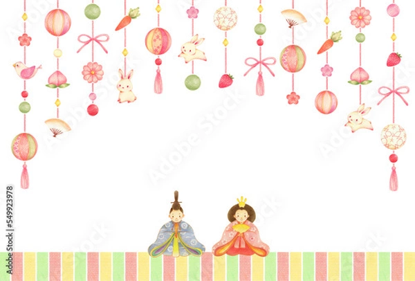 Fototapeta ひな人形と吊るし雛のひな祭りの背景　横　手描き色鉛筆画