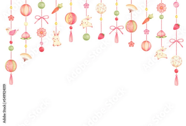 Fototapeta ひな祭りの吊るし雛の背景　横　手描き色鉛筆画