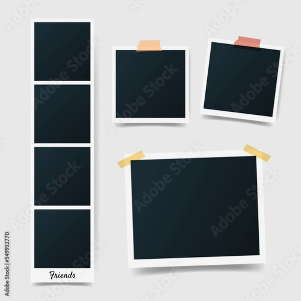 Fototapeta Different size of set Polaroid photo picture frames on gray background. Photo booth, instant photos mockup glued with color adhesive tape. Photo template for Scrapbook. Vector illustration
