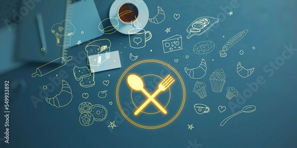 Obraz Creative glowing food sketch on top of desk with coffee cup and supplies. Online food delivery order concept. 3D Rendering.