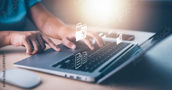 Obraz Businesswoman working smartphone with laptop and sign of the top service Quality assurance, Guarantee, Standards, ISO certification and standardization, concept Quality assurance of business services,