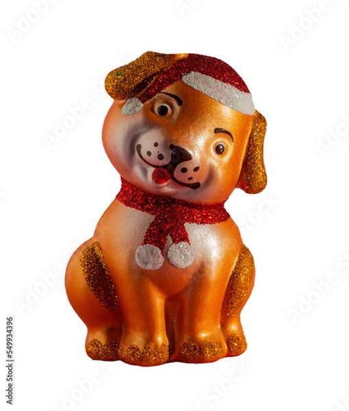 Obraz Decorative Christmas toy dog isolated on a transparent background. Toy dog in a Christmas hat and scarf