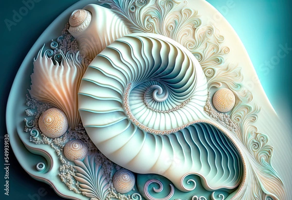 Fototapeta fiction nautilus shell, nautilus background, pastel beautiful colored nautilus, spirale, fractal, background, illustration, digital