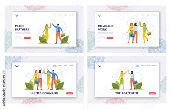 Fototapeta Command Unity Landing Page Template Set. Support Between Colleagues, Unified Business People Team Giving High Five