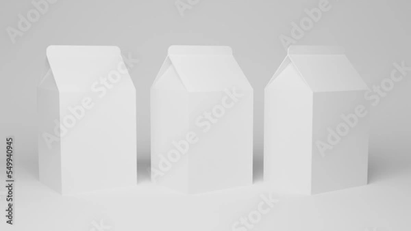 Obraz Group of white blank milk box or juice box. White blank Milk box or juice box packages. Retail package mockup set