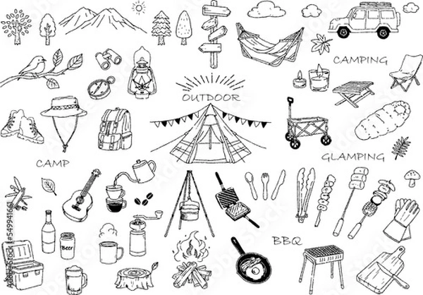 Fototapeta アウトドア　キャンプ　グランピング　線画イラストセット