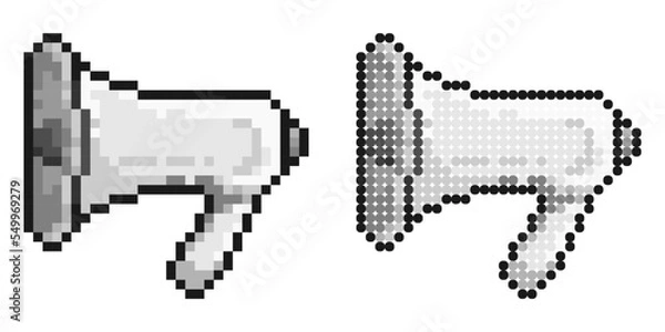 Fototapeta Pixel icon. Megaphone, cinema director loudspeaker. Speeches of speaker at rallies, strikes and meetings. Simple retro game vector isolated on white background