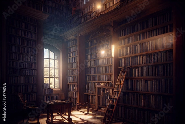 Fototapeta 3d rendering library old books on shelves isolated