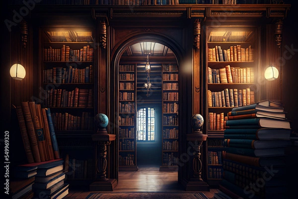 Fototapeta 3d rendering library old books on shelves isolated