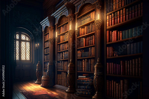 Fototapeta 3d rendering library old books on shelves isolated