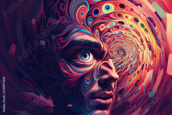Fototapeta Psychedelic illustration of a person's face surrounded by abstract patterns forming a tunnel. The concept of a person under the influence of psychedelic drugs or hypnosis.