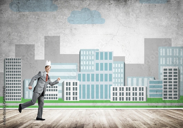 Fototapeta King businessman in elegant suit running and cityscape silhouette at background