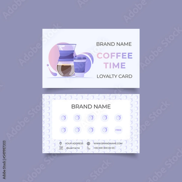 Fototapeta Customer program for cafe or coffee shop. Loyalty card. Layout with blank space for stamps, special offer to collect stamps, buy 9 get one drink free. Chemex coffee maker and glass mug with coffee